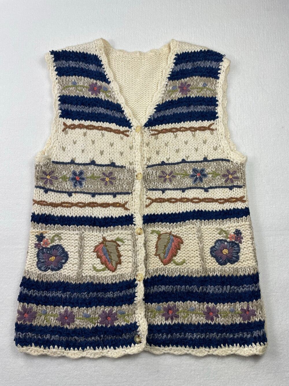 Vintage 90s Knit Navy Cream Vest Cottage Cabin Grandmacore Teacher Novelty S-M